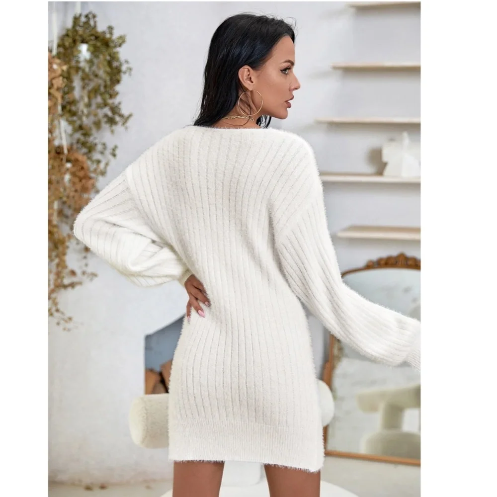 Fuzzy White Sweater Mini Dress Knit Long Lantern Sleeve - Picture 4 of 8